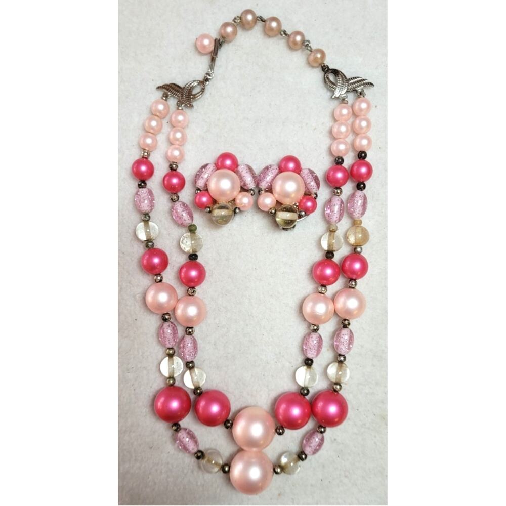 Vintage 50s 60s Pink Faux Pearl Beaded Necklace & Cluster Clip-On Earrings Set
